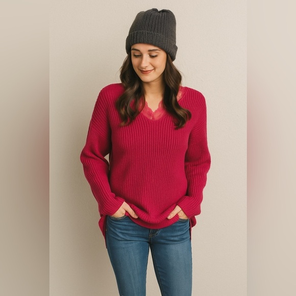 Sundance Magenta Pink V Neck Lace Trim Cotton Blend Pullover Sweater Small - Picture 1 of 9